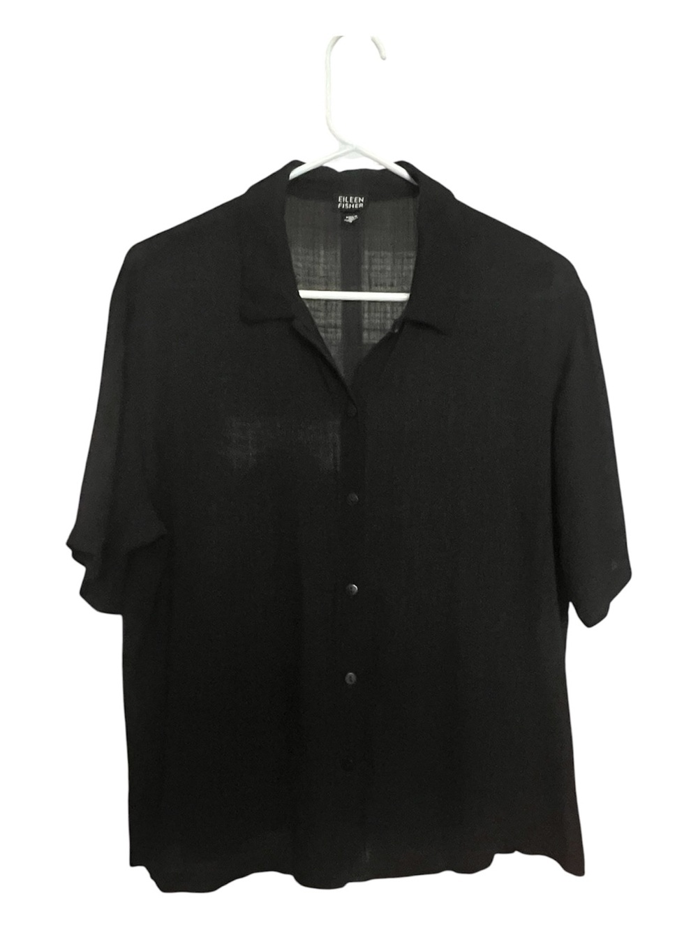 EILEEN FISHER Semi Sheer Button Up Shirt Minimalist Coastal Classic SZ S Blk